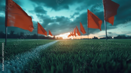 Football field with bold team flags flying on the sidelines