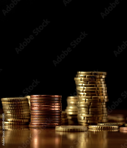 saving coins with money to pay bills having the intention of calculating raising more money to be wealthy stock image stock photo	 photo