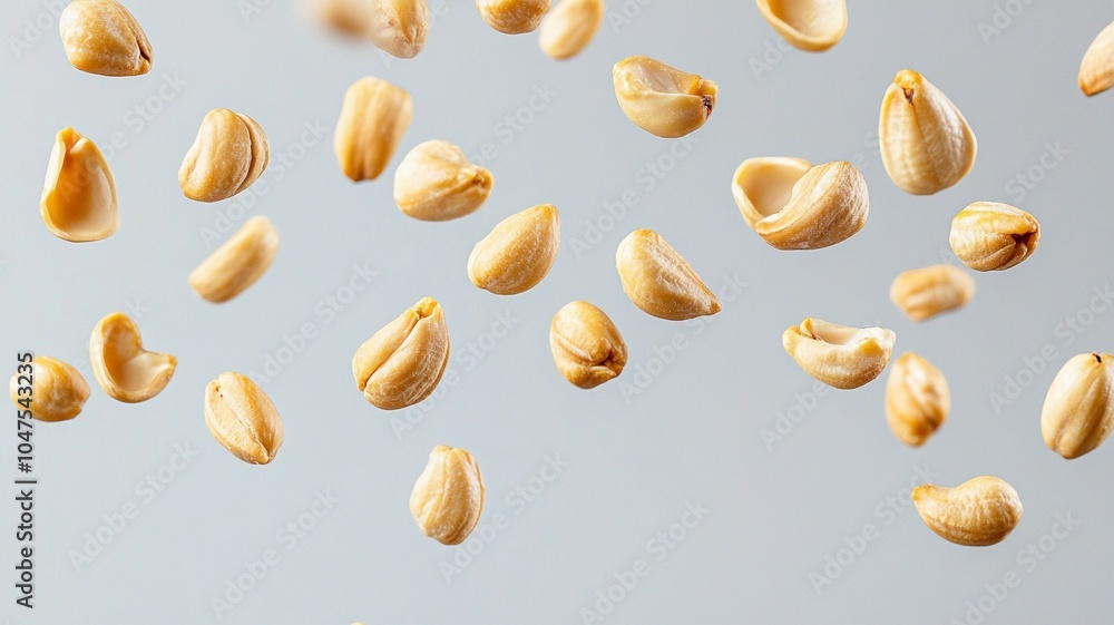 Floating seeds in mid-air against a light background, captured to highlight their texture and natural color Floating seeds in mid-air against a light background, captured to highlight their texture and natural color
