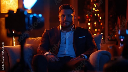 A young man in a suit sits in a chair and looks directly at the camera. He's filming a video for his social media.