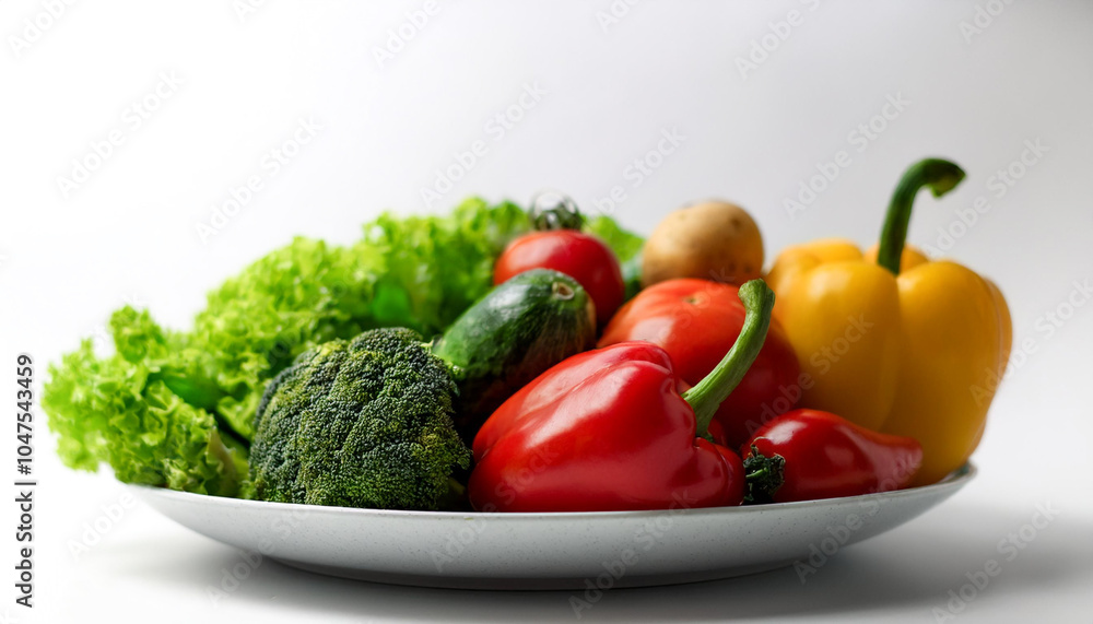 Plate of fresh vegetables on side position provides copy space for text. background concept isolated white Plate of fresh vegetables on side position provides copy space for text. background concept isolated white