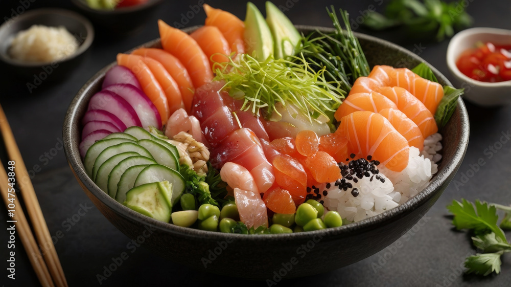 top view of a delicious poke sushi bowl top view of a delicious poke sushi bowl
