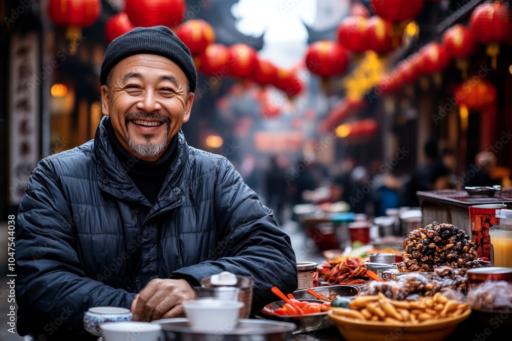 A traditional Chinese market with people selling herbal medicines, fresh vegetables, and exotic teas, with red lanterns hanging above the street, capturing the cultural heritage of Chinese markets A traditional Chinese market with people selling herbal medicines, fresh vegetables, and exotic teas, with red lanterns hanging above the street, capturing the cultural heritage of Chinese markets