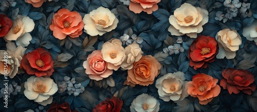 A vibrant floral pattern featuring various shades of red, orange, and white flowers against a dark blue backdrop.