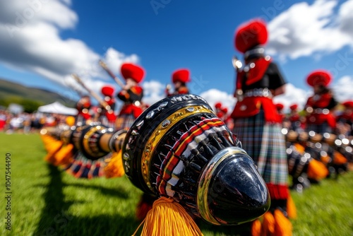 A traditional Scottish Highland Games event with participants in kilts tossing cabers, playing bagpipes, and celebrating Scottish heritage, showing the strength and pride of Scottish culture photo