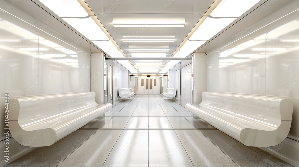 slick white benches and a clear, roomy layout for urban transportation characterize this contemporary, minimalistic subway decor, Generative AI. slick white benches and a clear, roomy layout for urban transportation characterize this contemporary, minimalistic subway decor, Generative AI.