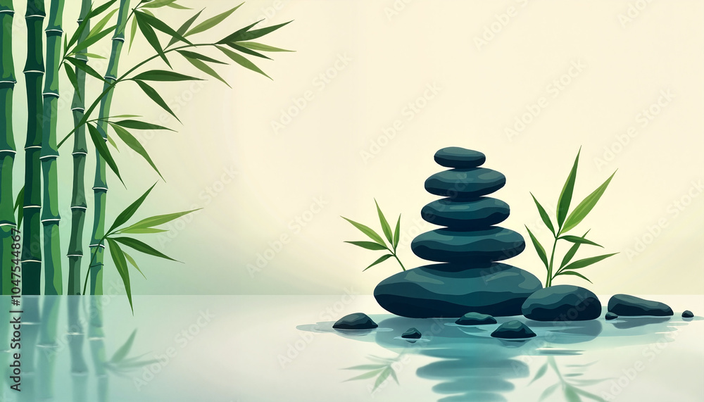 Balance and Serenity with stacked stones by a bamboo plant and calm water Balance and Serenity with stacked stones by a bamboo plant and calm water