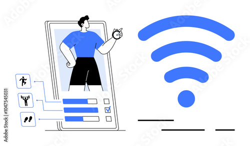 A person emerging from a smartphone screen with fitness icons and activity completion bars on the left, symbolizing a fitness tracking application. Ideal for health, fitness, technology, apps