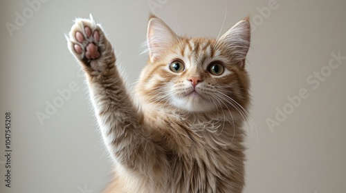 Cute ginger cat raising its paw in an inviting gesture, showcasing its playful nature and bright eyes indoors during daylight