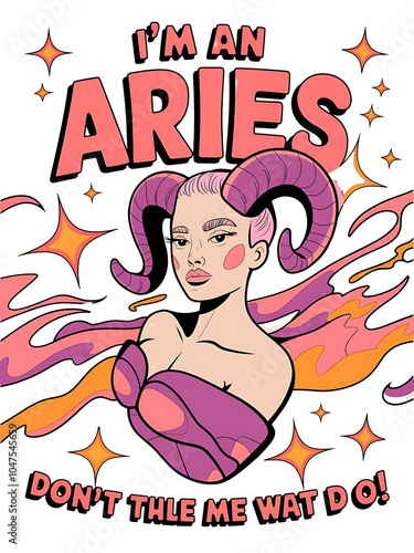 Aries Astrological zodiac horoscope illustration sign as a portrait beautiful girl with long hair and Horn.