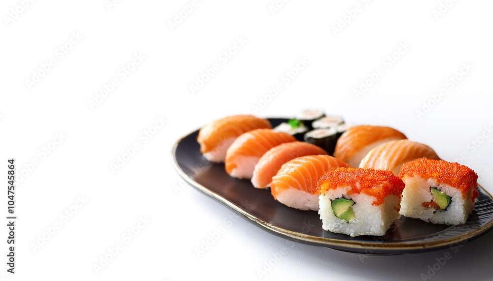 Plate of sushi on side position provides copy space for text. background concept isolated white Plate of sushi on side position provides copy space for text. background concept isolated white