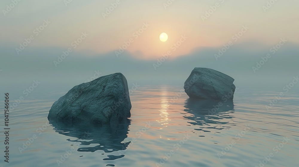 Fototapeta premium Stones on the Sea at Sunrise Querformat 3:1, Generative AI.