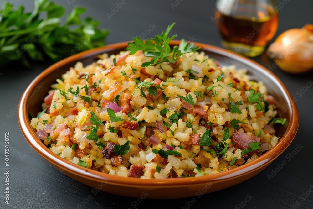 A plate of farofa, toasted cassava flour mixed with bacon, onions, and herbs, served as a side dish. A plate of farofa, toasted cassava flour mixed with bacon, onions, and herbs, served as a side dish.