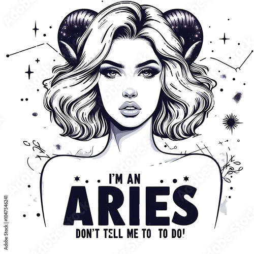 Aries Astrological zodiac horoscope illustration sign as a portrait beautiful girl with long hair and Horn.