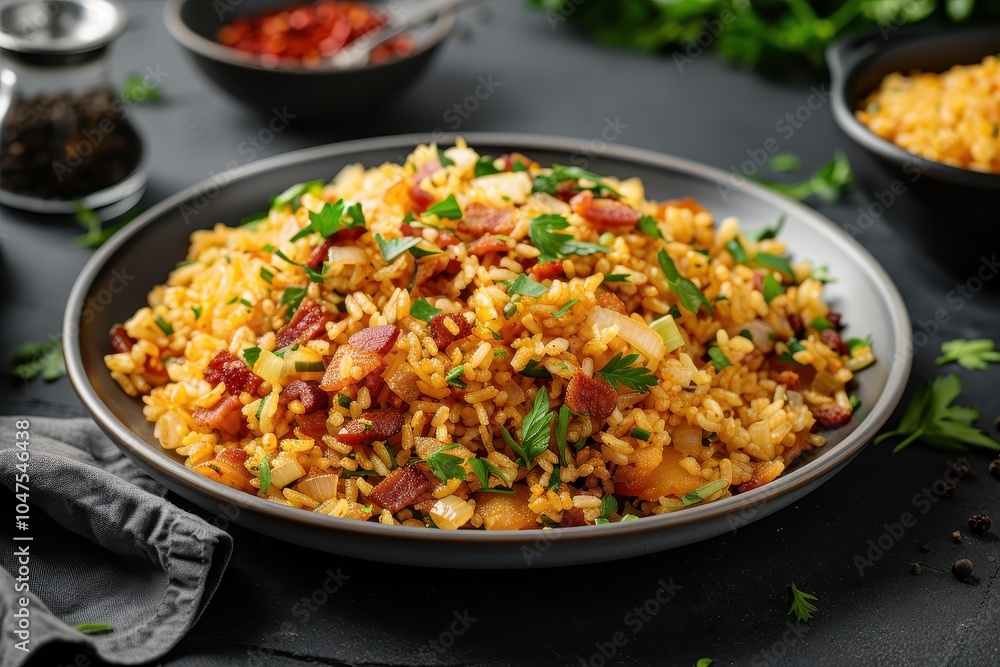 A plate of farofa, toasted cassava flour mixed with bacon, onions, and herbs, served as a side dish. A plate of farofa, toasted cassava flour mixed with bacon, onions, and herbs, served as a side dish.