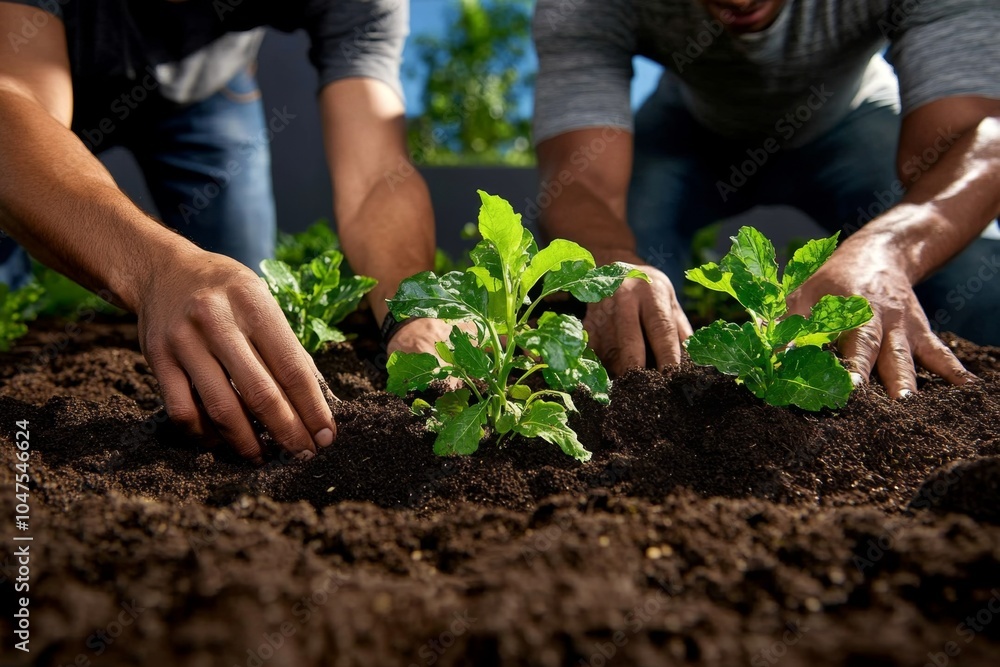 Hyper-realistic close-up of friends helping each other in a community garden, with vivid details of the plants, soil, and people’s hands working together, capturing the connection to nature Hyper-realistic close-up of friends helping each other in a community garden, with vivid details of the plants, soil, and people’s hands working together, capturing the connection to nature