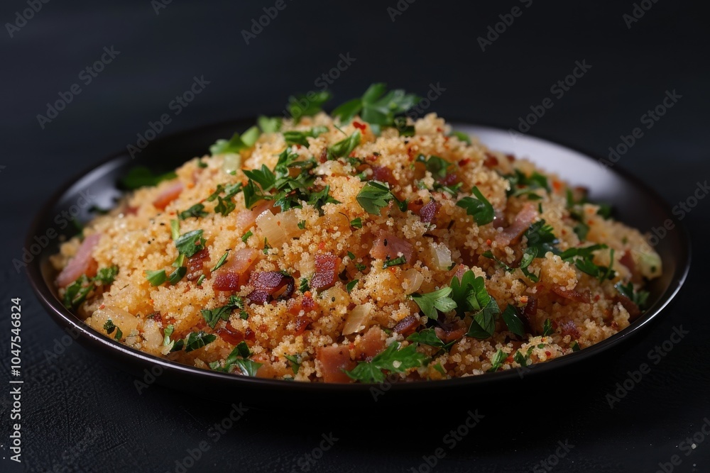 A plate of farofa, toasted cassava flour mixed with bacon, onions, and herbs, served as a side dish. A plate of farofa, toasted cassava flour mixed with bacon, onions, and herbs, served as a side dish.