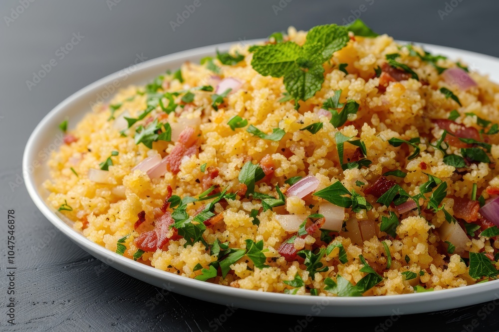A plate of farofa, toasted cassava flour mixed with bacon, onions, and herbs, served as a side dish. A plate of farofa, toasted cassava flour mixed with bacon, onions, and herbs, served as a side dish.
