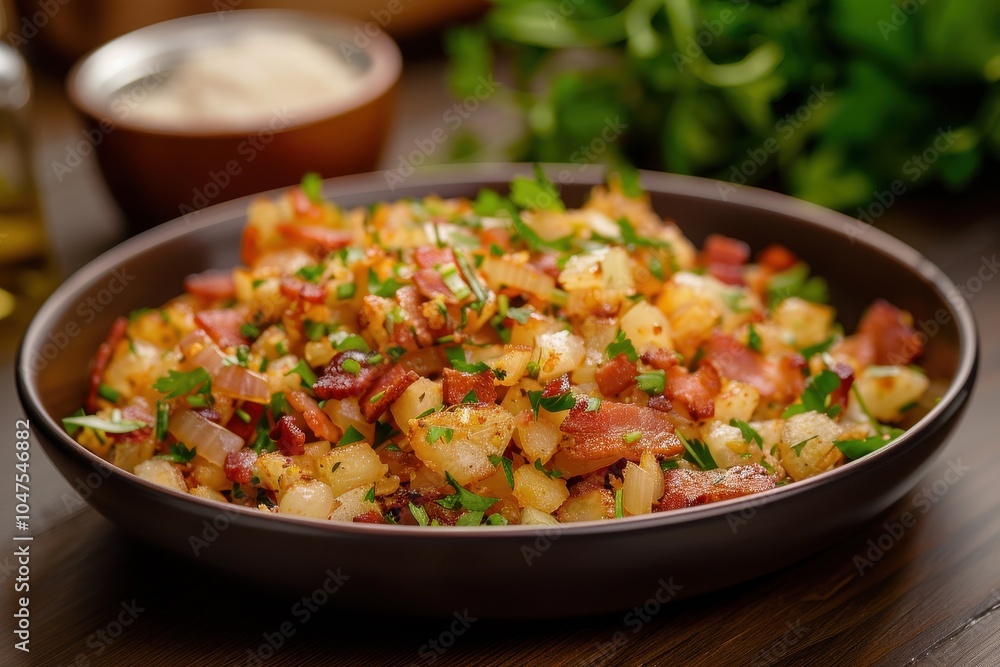 A plate of farofa, toasted cassava flour mixed with bacon, onions, and herbs, served as a side dish. A plate of farofa, toasted cassava flour mixed with bacon, onions, and herbs, served as a side dish.