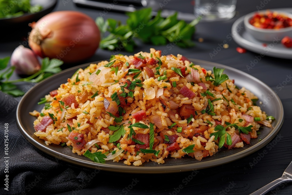 A plate of farofa, toasted cassava flour mixed with bacon, onions, and herbs, served as a side dish. A plate of farofa, toasted cassava flour mixed with bacon, onions, and herbs, served as a side dish.