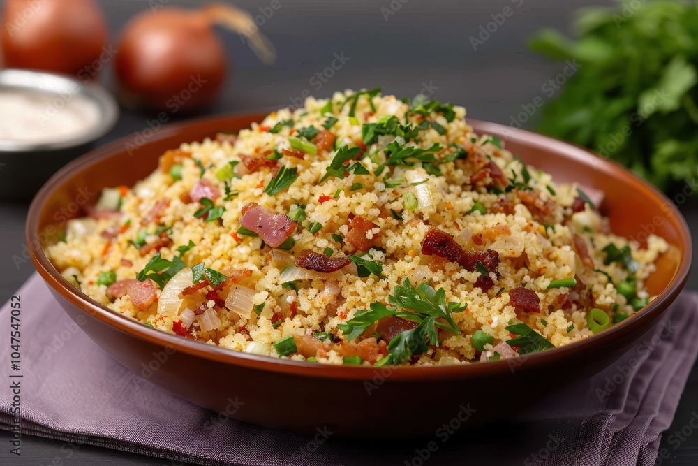 A plate of farofa, toasted cassava flour mixed with bacon, onions, and herbs, served as a side dish. A plate of farofa, toasted cassava flour mixed with bacon, onions, and herbs, served as a side dish.