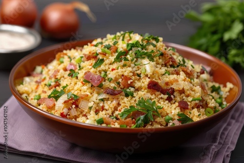 A plate of farofa, toasted cassava flour mixed with bacon, onions, and herbs, served as a side dish.