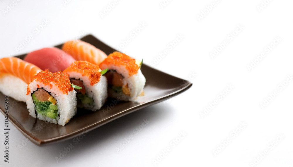 Plate of sushi on side position provides copy space for text. background concept isolated white Plate of sushi on side position provides copy space for text. background concept isolated white