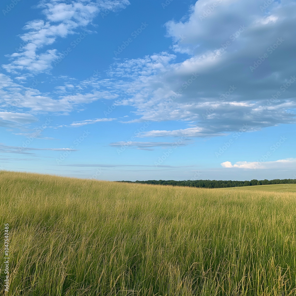 Expansive, Peaceful Meadow Landscape with Vibrant Green Grass Stretching to the Horizon Beneath a Clear Blue Sky and Gentle, Wispy Clouds for a Tranquil Outdoor Atmosphere Expansive, Peaceful Meadow Landscape with Vibrant Green Grass Stretching to the Horizon Beneath a Clear Blue Sky and Gentle, Wispy Clouds for a Tranquil Outdoor Atmosphere