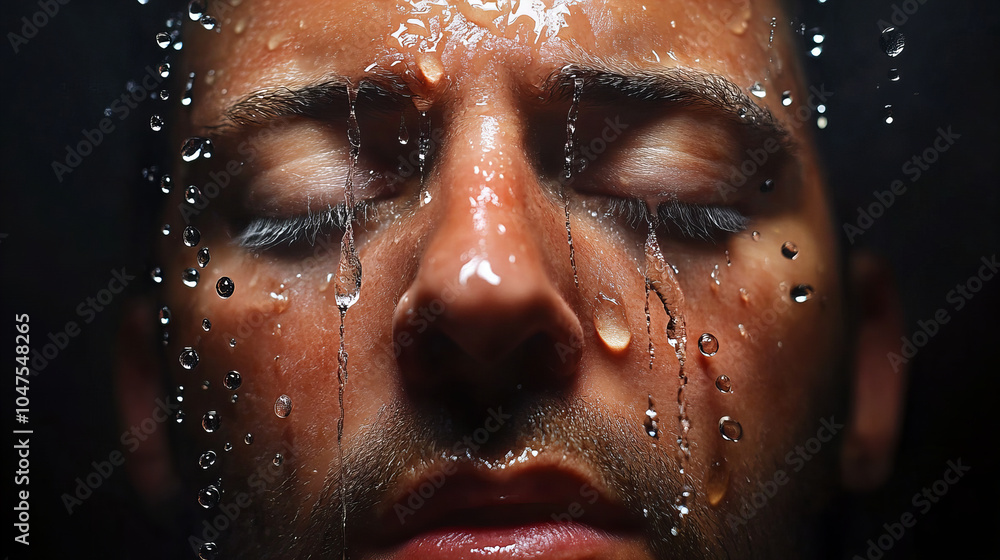 Banner of Man Experiencing Refreshing Shower Water Droplets on Face Illuminated by Dark Background Intensity Banner of Man Experiencing Refreshing Shower Water Droplets on Face Illuminated by Dark Background Intensity