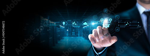 Canvas Print Network Administration: Businessman pointing icon with network security, data management, system configuration, server maintenance, troubleshooting, performance monitoring, infrastructure management