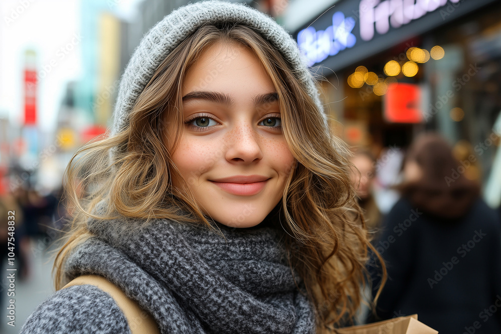 Young woman in warm clothing smiles happily in a busy urban street during winter, showcasing a vibrant city atmosphere Young woman in warm clothing smiles happily in a busy urban street during winter, showcasing a vibrant city atmosphere