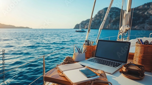Workspace on a Yacht with Laptop and Stationery