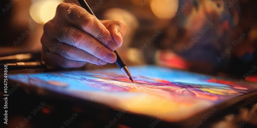 Obraz premium A close-up of hands using a tablet and stylus, with a blurred background 