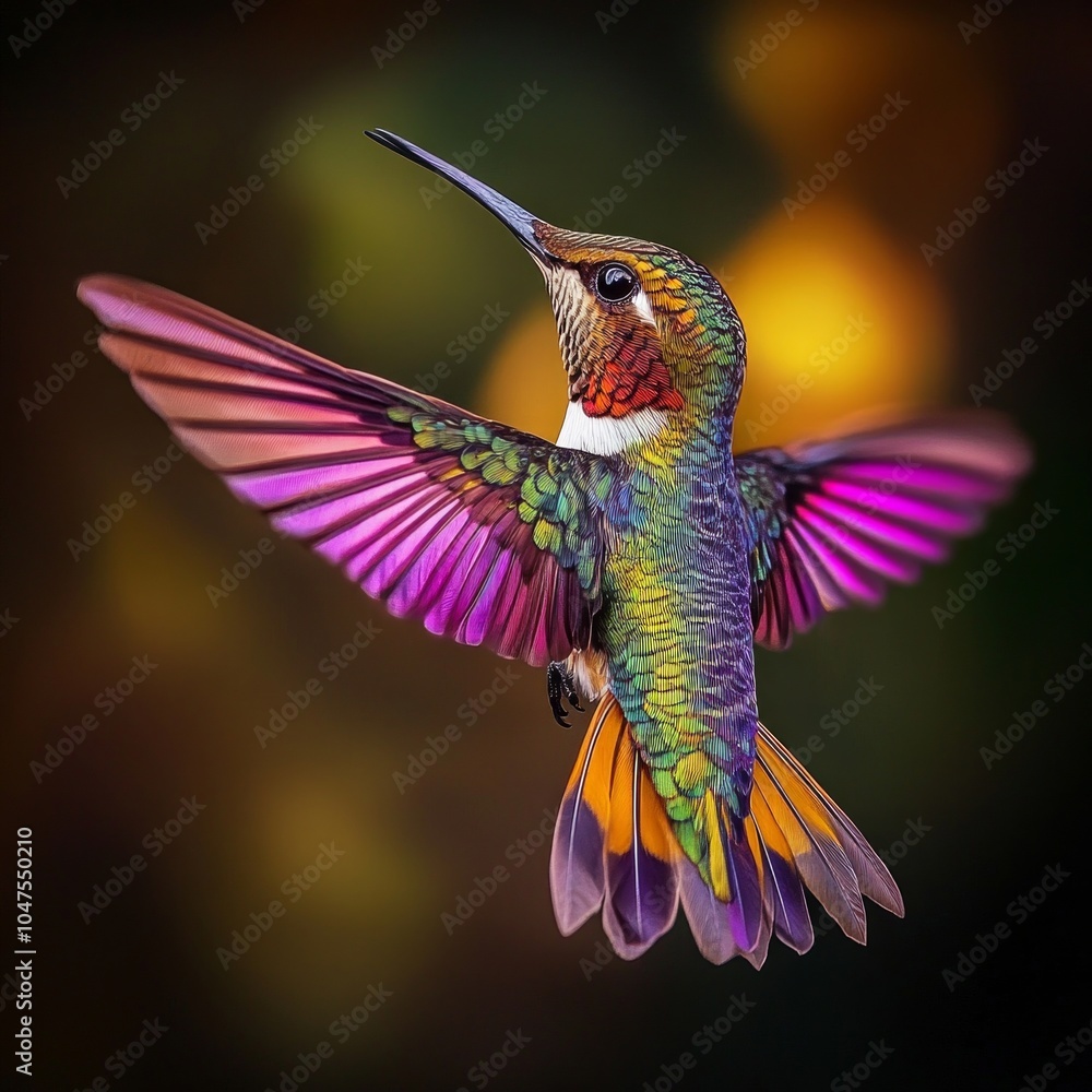 Fototapeta premium A vibrant hummingbird in mid-flight showcases its stunning rainbow-colored feathers. This detailed image captures the beauty of nature. Perfect for wildlife lovers and photographers. AI