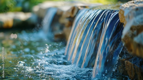 Wallpaper Mural Water cascading over smooth rocks in a lush garden, creating a serene atmosphere. Gentle flow adds peace and beauty to the landscape, perfect for relaxation Torontodigital.ca