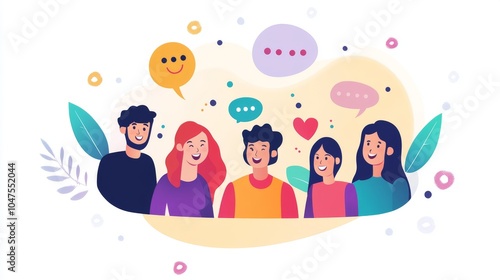 A group of happy people inside a chat bubble, representing social interaction and connection. 