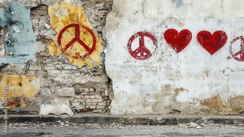 Graffiti of heart and peace symbols on a crumbling wall representing war and peace. Urban backdrop, contrasting destruction and harmony, with copy space.