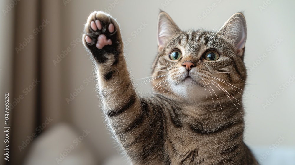 Obraz premium A playful tabby cat raises its paw while sitting indoors, showcasing curiosity and affection in a cozy living space during daylight hours