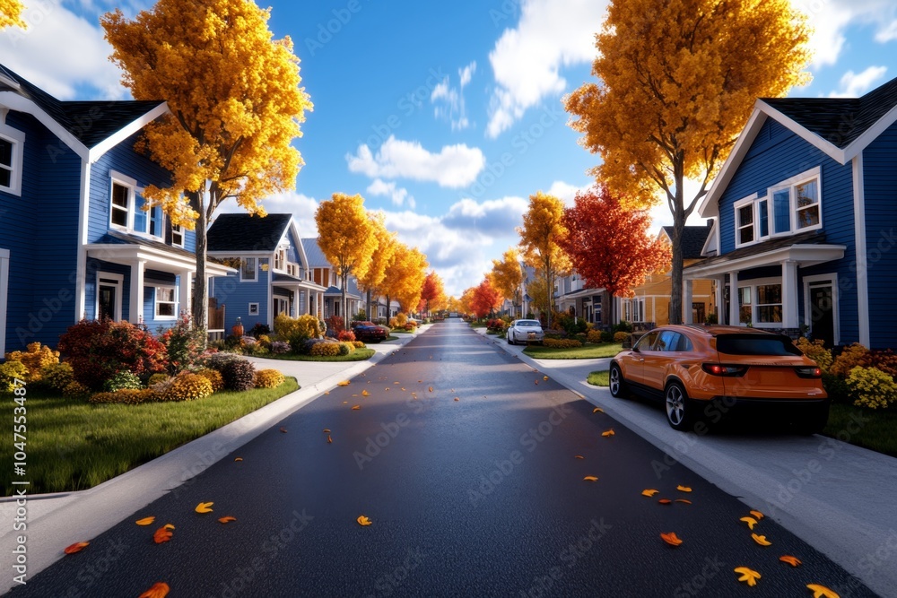 3D rendering of a quiet suburban street with trees lining the road, houses on either side, and soft evening light filtering through, symbolizing the warmth and peace of neighborhood life 3D rendering of a quiet suburban street with trees lining the road, houses on either side, and soft evening light filtering through, symbolizing the warmth and peace of neighborhood life