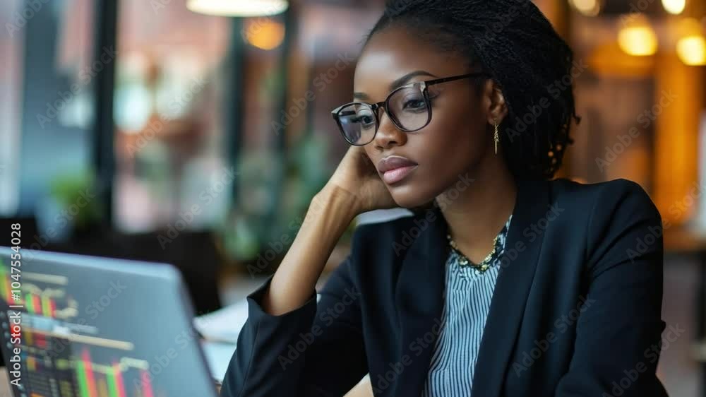 Focused businesswoman analyzing data on laptop in a modern office during daytime Focused businesswoman analyzing data on laptop in a modern office during daytime