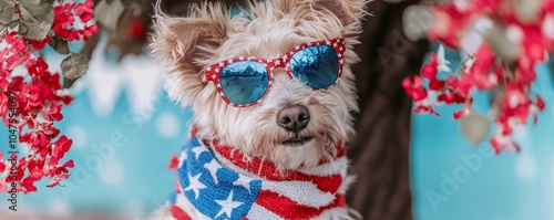 A fluffy dog wearing a patriotic scarf and sunglasses, sitting under a tree with red, white, and blue flowers surrounding it in the garden. photo