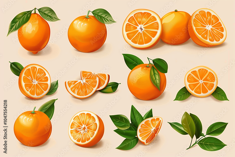 Fresh oranges surrounded by green leaves illustrations set Fresh oranges surrounded by green leaves illustrations set