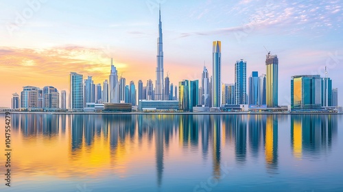 Cityscape with skyscrapers reflected in still water at sunset.