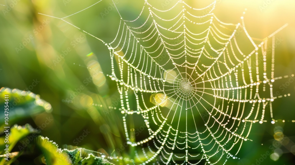 Dew-Kissed Spider Web at Dawn, intricate web adorned with shimmering droplets, soft morning light illuminating a serene meadow, nature’s delicate artistry on display