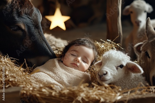 The serene birth baby jesus among animals in a nativity scene , Generative Ai