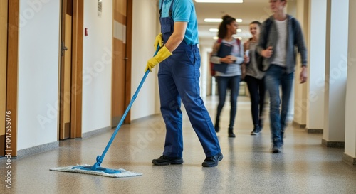 Janitor mopping school hallway as students walk by in uniform.