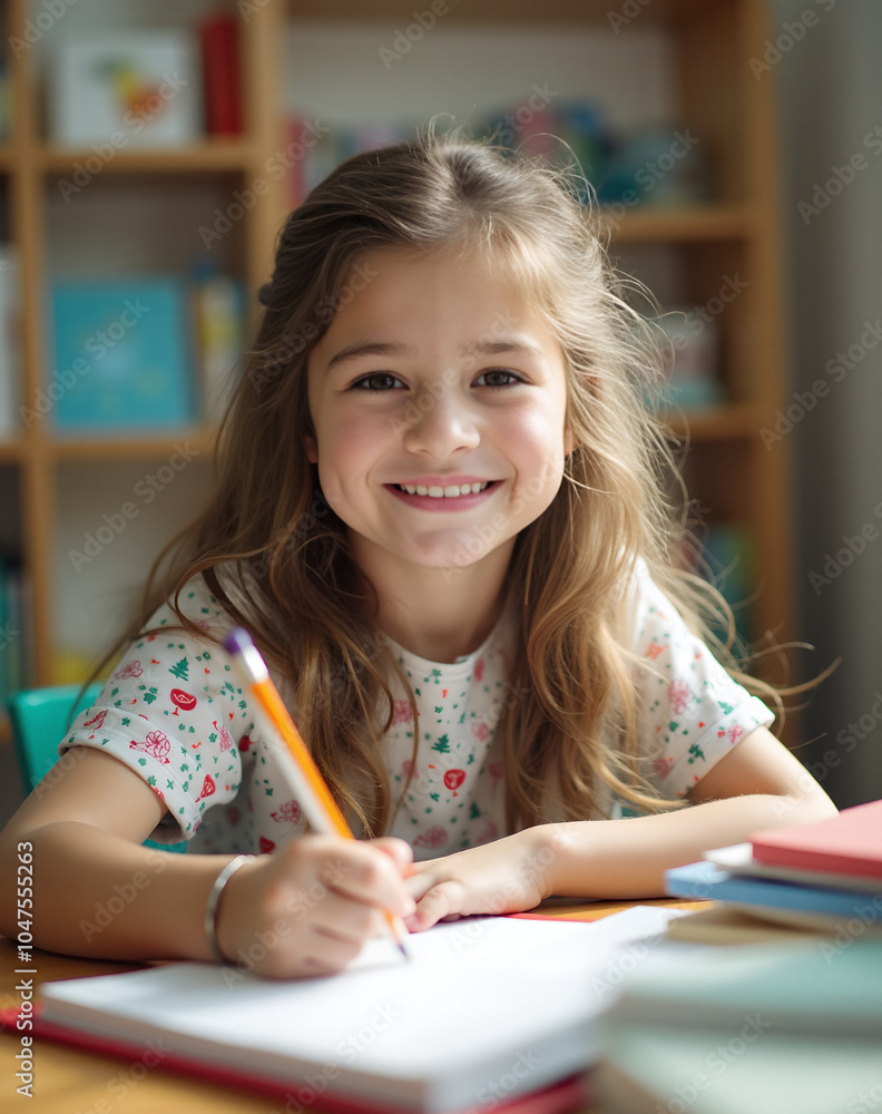 little girl smiling, writing with pencil in notebook on the desk, studying . little girl smiling, writing with pencil in notebook on the desk, studying .