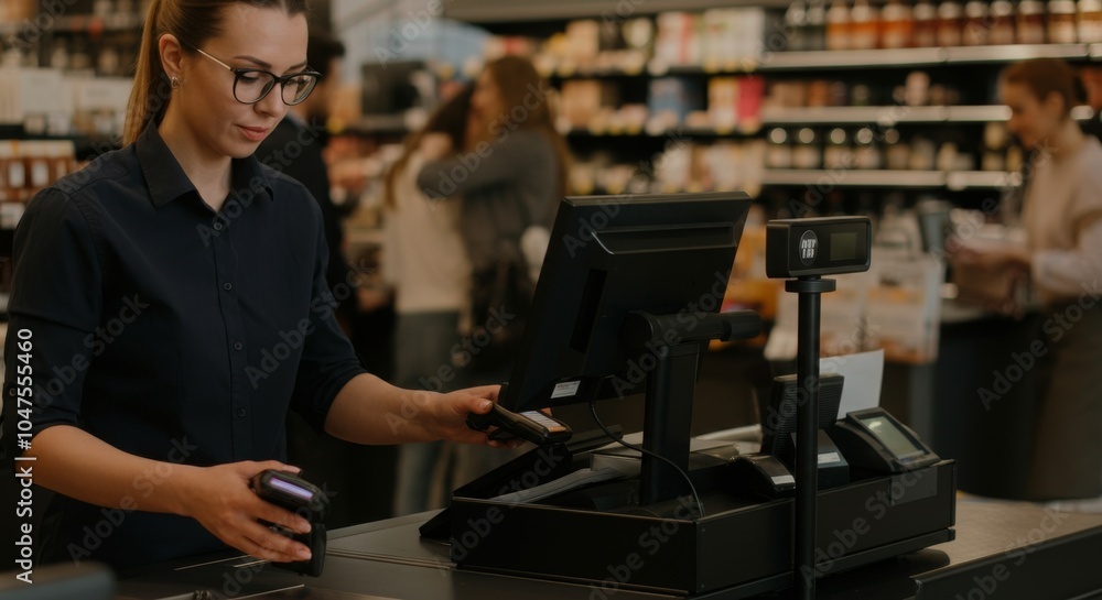 Cashier scanning items at grocery store checkout counter. Cashier scanning items at grocery store checkout counter.