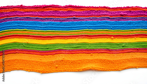 Close up of stripes of rainbow coloured sand and copy space on white background isolated with white highlights, png