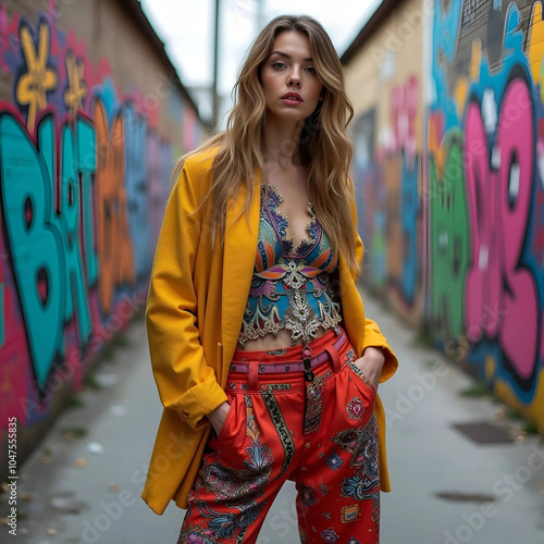 Una modelo posando con una original y colorida colección de moda en una calle graffiti, combinando arte urbano y estilo contemporáneo  photo